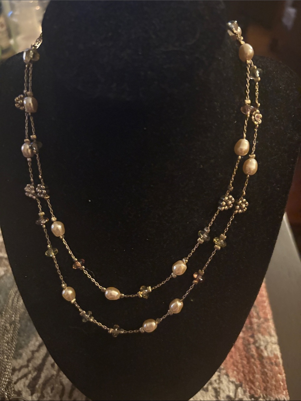 Delicate Gold Pearl Station Double Strand Necklace